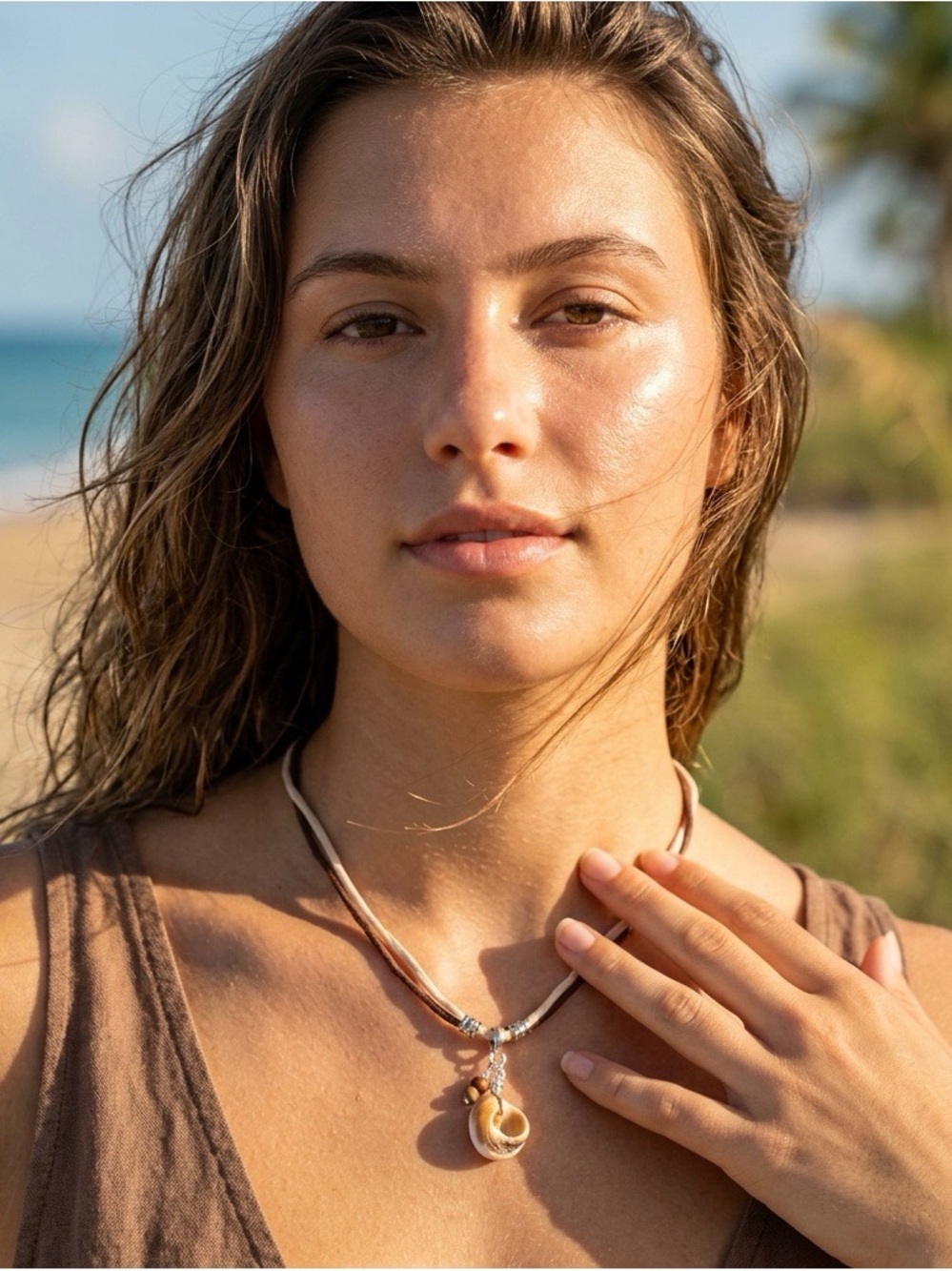 Seashell Pendant Necklace on Cream and Chocolate Color Silk Cord